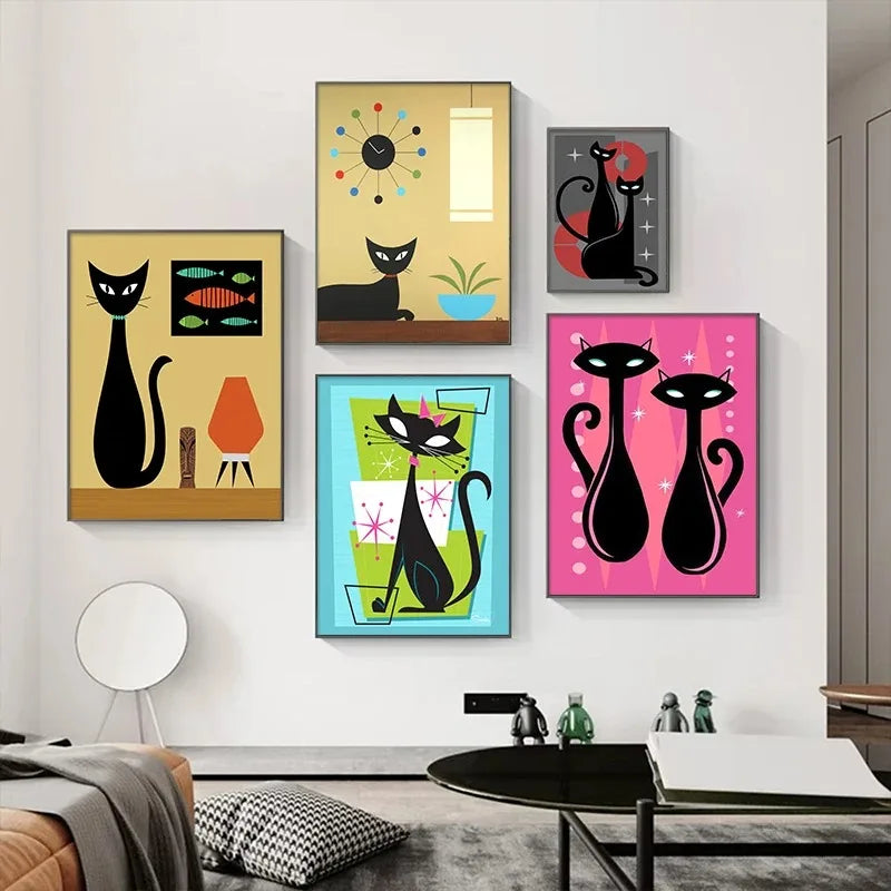 Colourful Black Cat Scenery Abstract Canvas