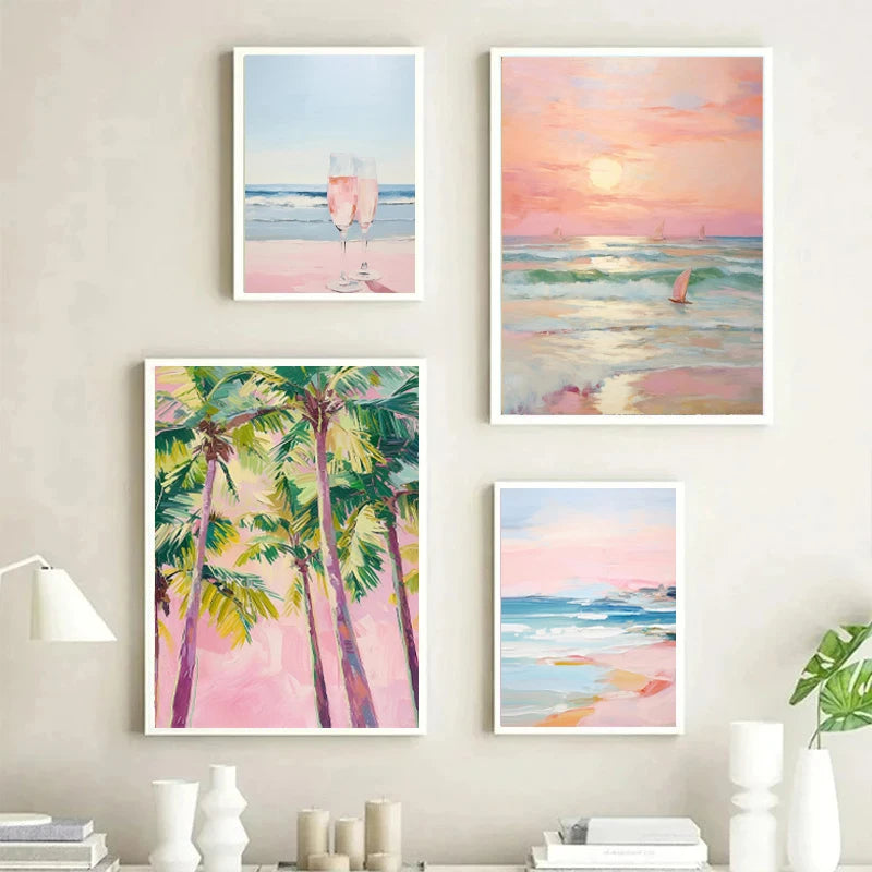 pink horse standing at coastal beach boho canvas print