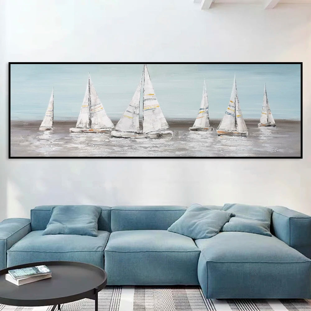 Nordic white sailboat at sea seascape canvas wall art