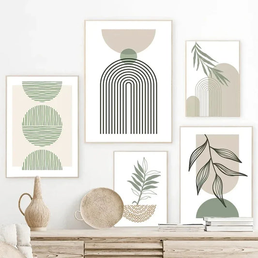 Abstract Bohemian Green Line Leaves Canvas