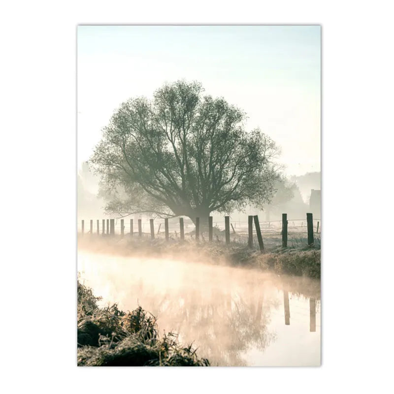 spring lake sunrise with reed grass and tree Nordic canvas wall art