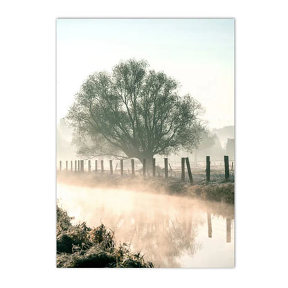 spring lake sunrise with reed grass and tree Nordic canvas wall art