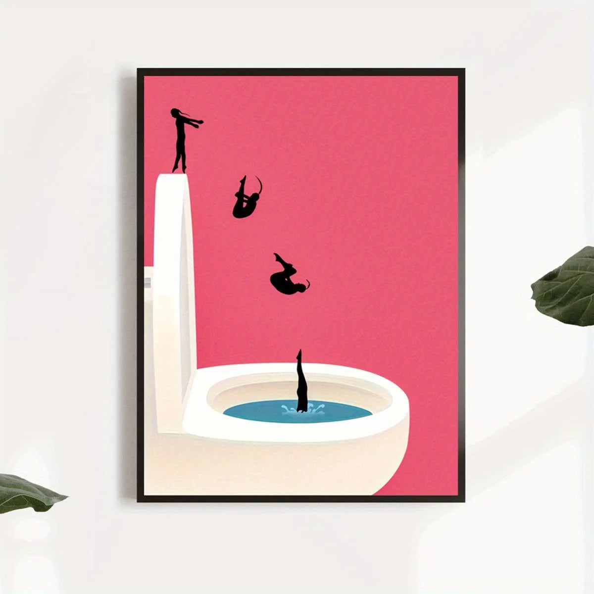 frameless vintage pink bathroom canvas with girls jumping into a toilet