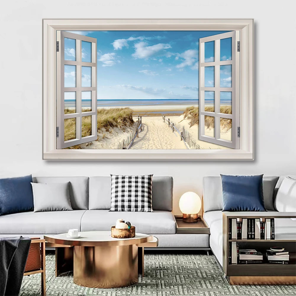 Nordic 3D Window View Beach Canvas