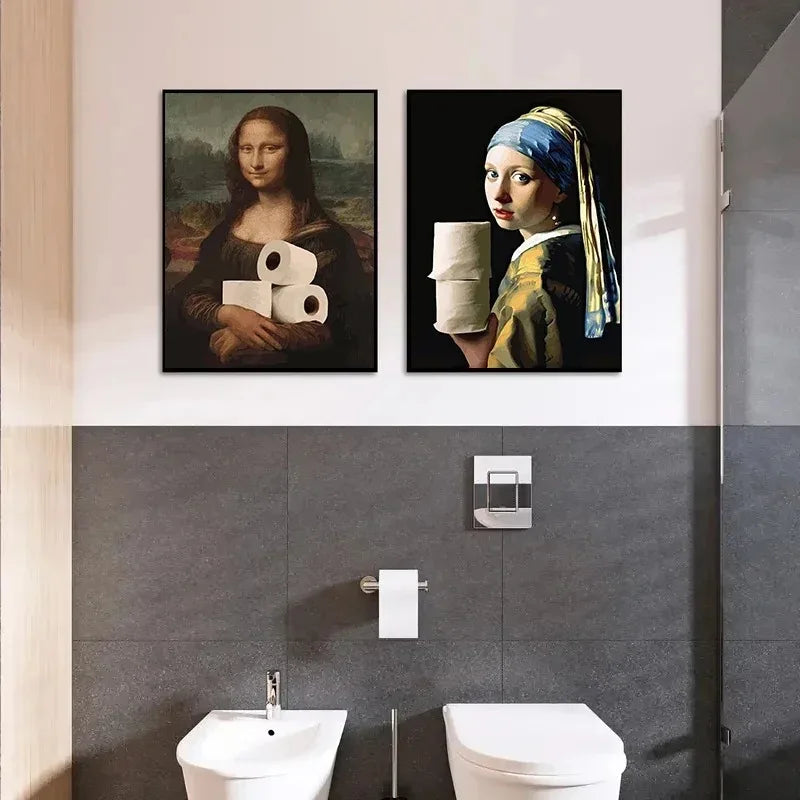 funny bathroom canvas with Mona Lisa and Girl with a Pearl Earring toilet-paper gag