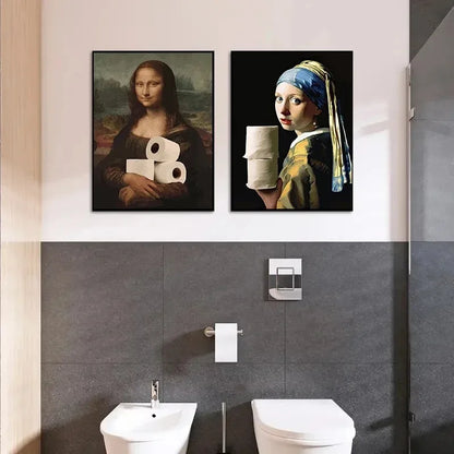 funny bathroom canvas with Mona Lisa and Girl with a Pearl Earring toilet-paper gag