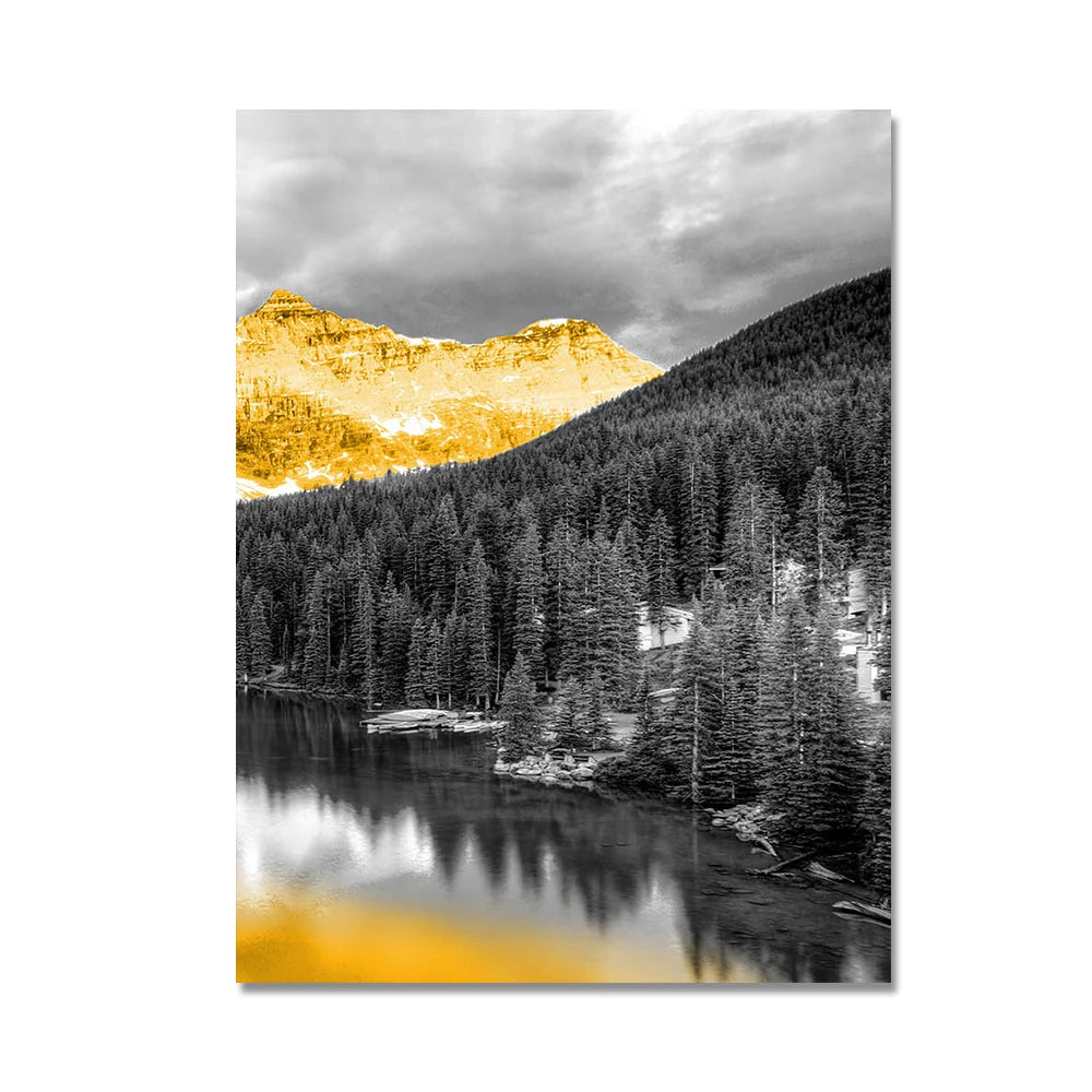 Three-piece golden snow mountain and lake landscape canvas set