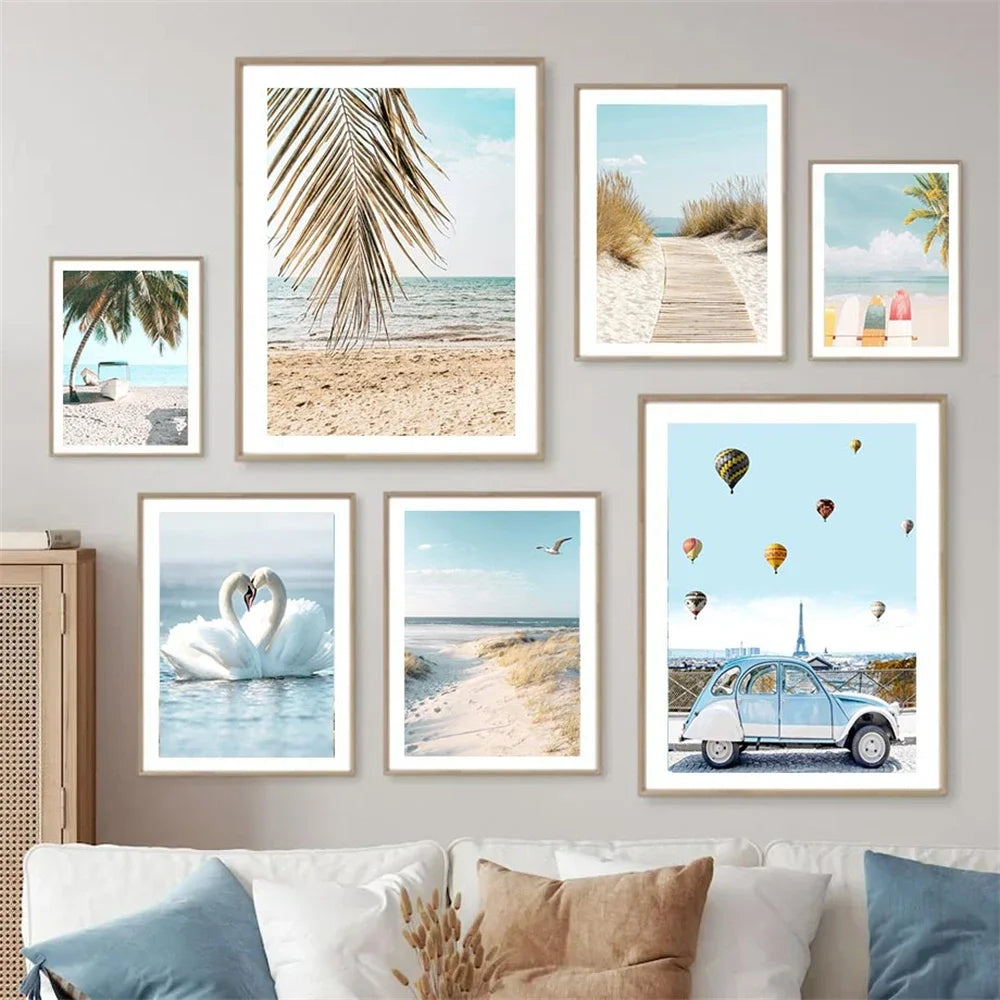 swan with surfboard under coconut tree tropical beach canvas wall art