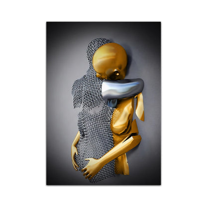 golden lovers metal statue abstract romantic canvas wall art