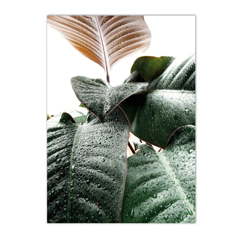 leopard in tropical jungle with palm and monstera leaves on canvas