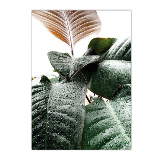 leopard in tropical jungle with palm and monstera leaves on canvas