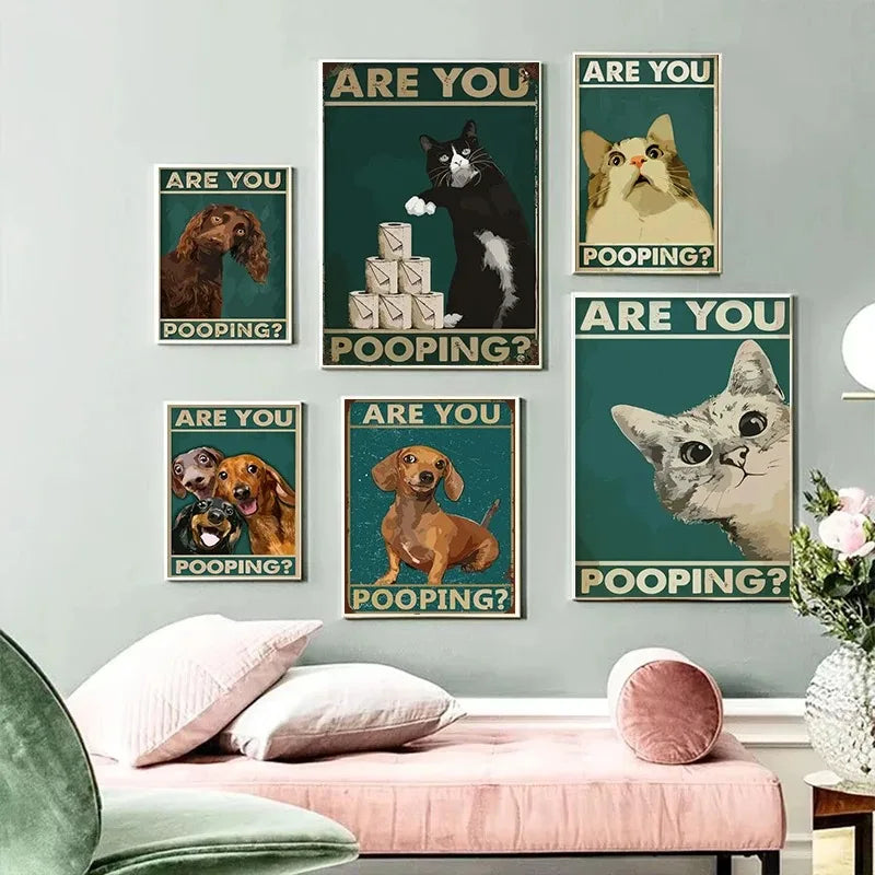 Funny cats and dogs “Are You Pooping?” bathroom canvas wall art