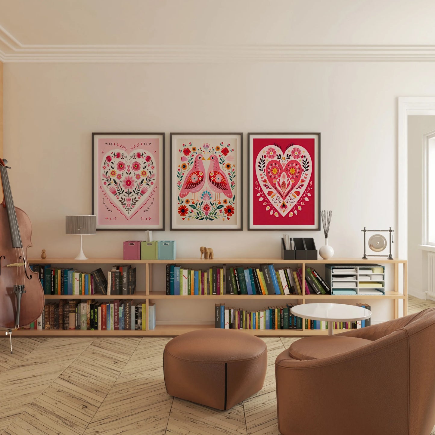 Three-piece folk-art hearts and birds Valentine canvas