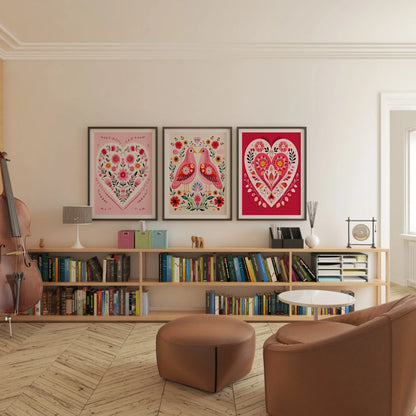 Three-piece folk-art hearts and birds Valentine canvas