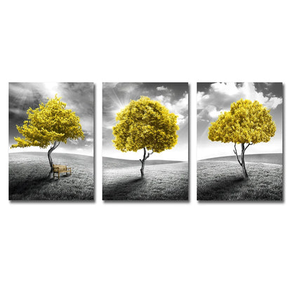 Three-piece abstract yellow tree canvas wall art