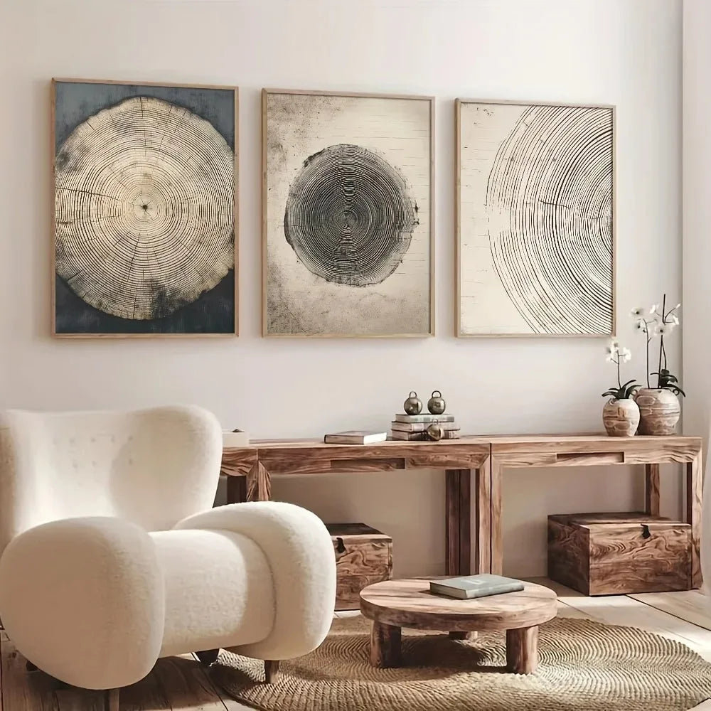 Three-piece rustic tree rings boho minimalist canvas set