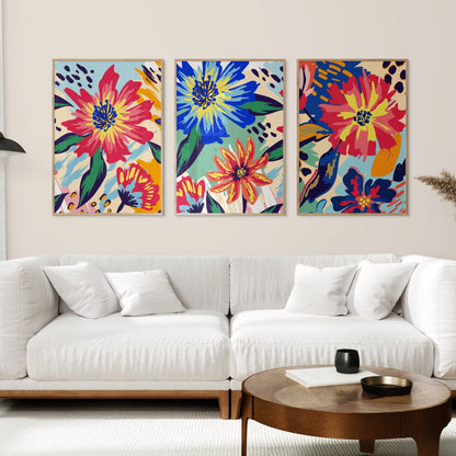 Three-piece colorful boho floral abstract canvas wall art