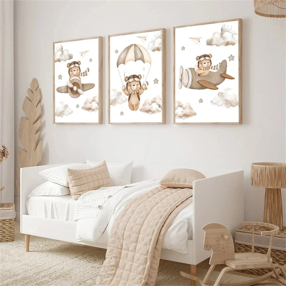 kawaii bear pilot with parachute nordic kids canvas