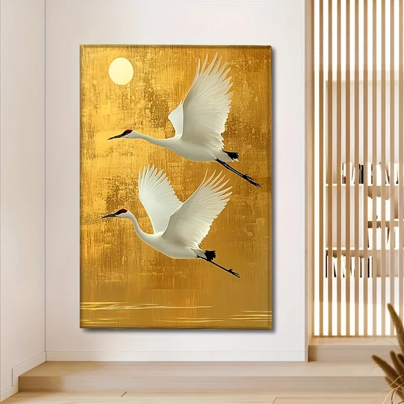 elegant white crane on golden background frameless chinese style canvas