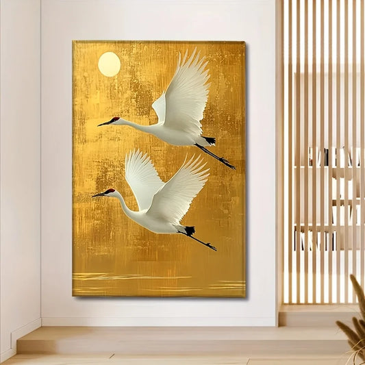 elegant white crane on golden background frameless chinese style canvas