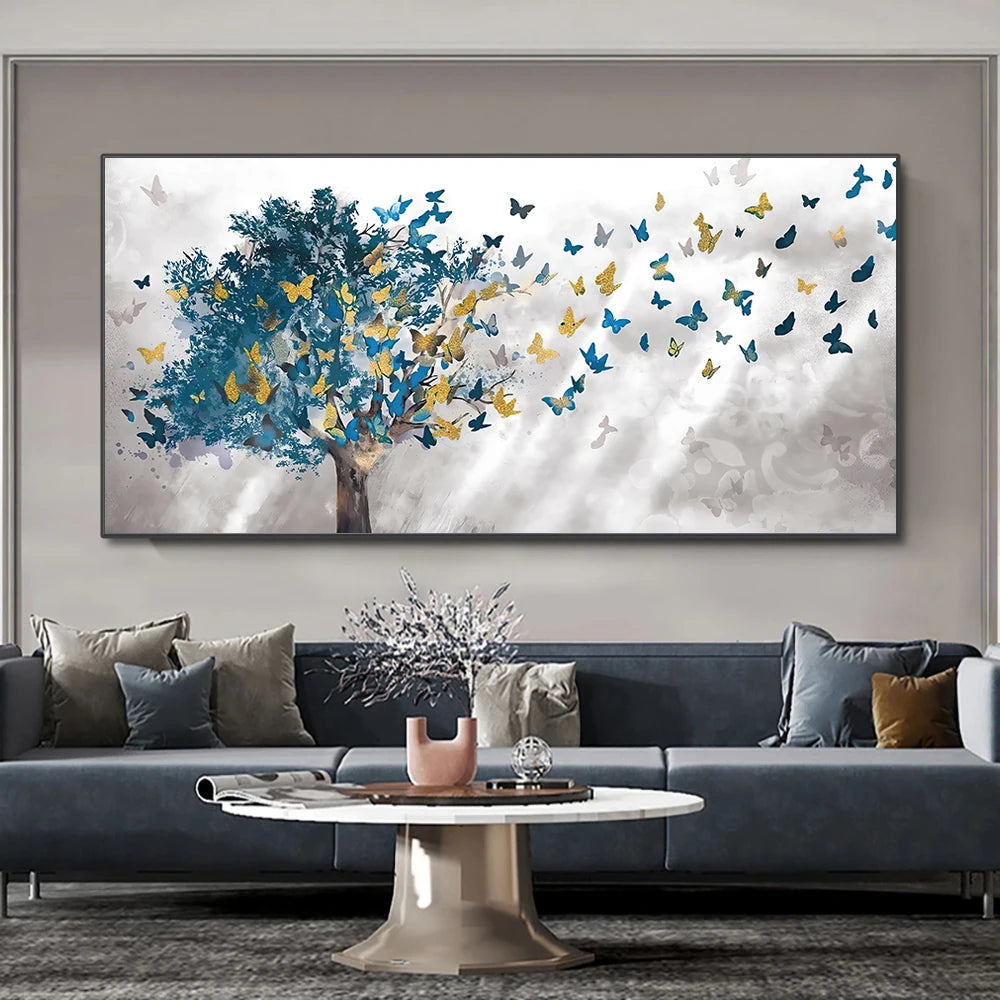 Abstract blue trees with butterfly Nordic canvas wall art