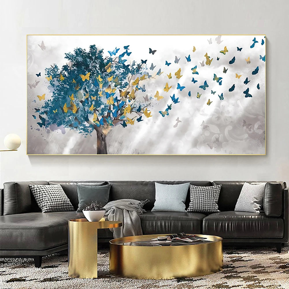 Abstract blue trees with butterfly Nordic canvas wall art