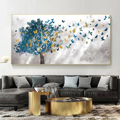 Abstract blue trees with butterfly Nordic canvas wall art