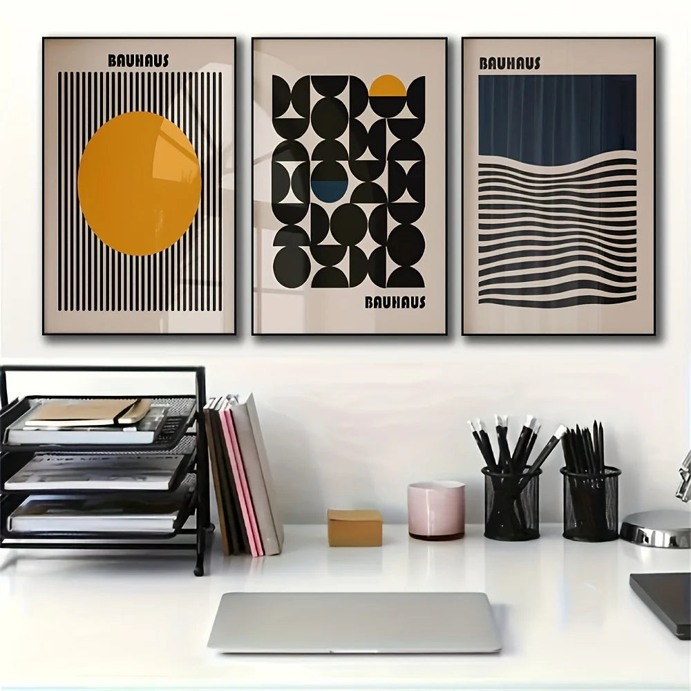 three piece minimalist bauhaus art deco geometric unframed canvas set