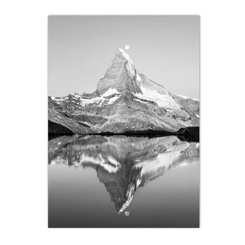 black and white Nordic landscape with mountains, lake, boat, bridge and waterfall