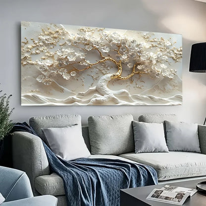 unframed abstract flowering tree canvas in gold and white