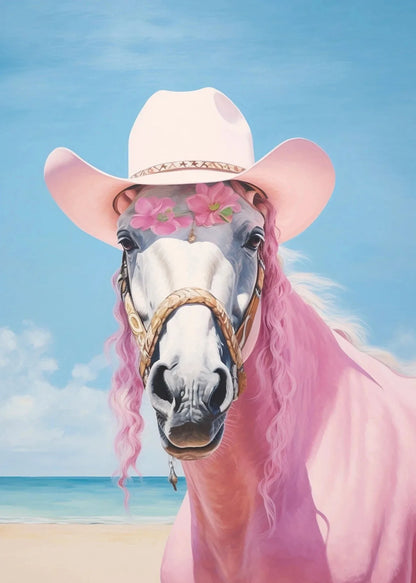 pink horse standing at coastal beach boho canvas print