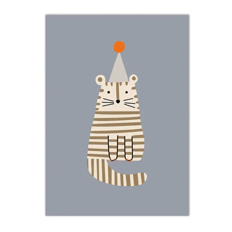 kids boho canvas with turtle bear cat lion and dinosaur under a rainbow