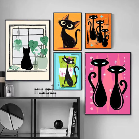 Colourful Black Cat Scenery Abstract Canvas
