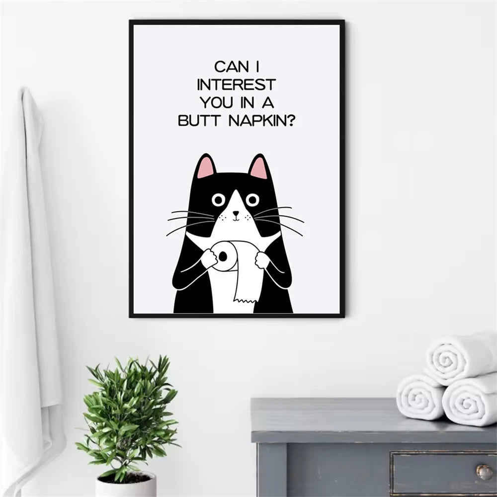 black and white funny cat bathroom wall art canvas