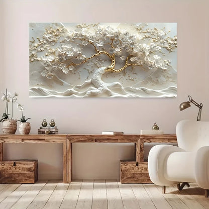 unframed abstract flowering tree canvas in gold and white