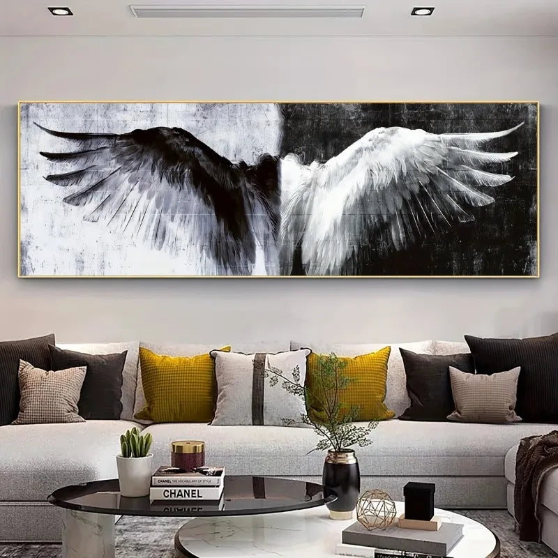 retro black and white angel wings canvas wall art