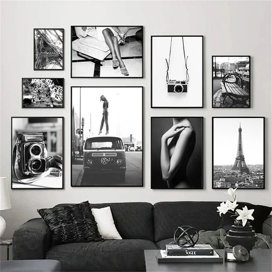 black and white paris eiffel tower with fashion woman and vintage camera canvas
