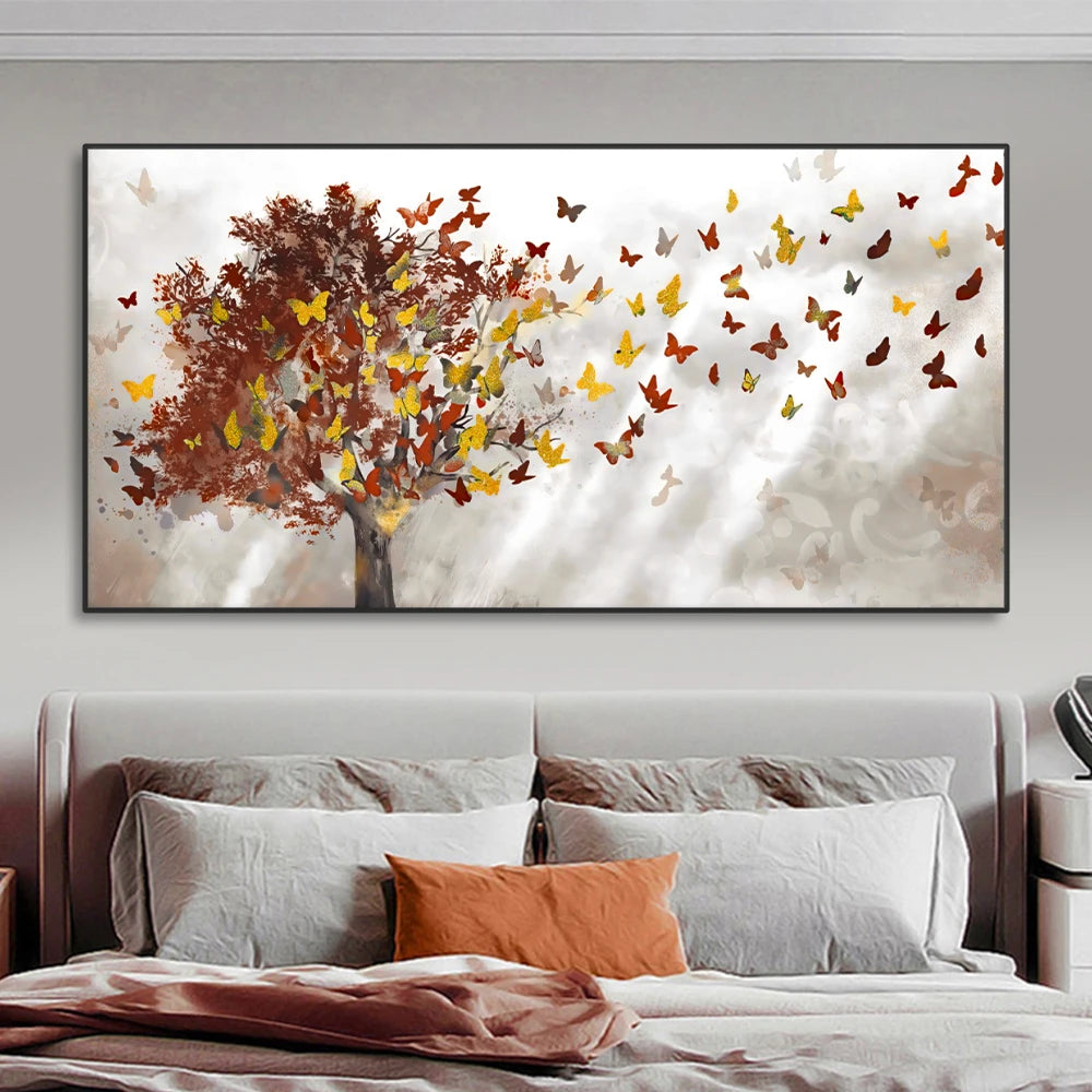 Abstract blue trees with butterfly Nordic canvas wall art