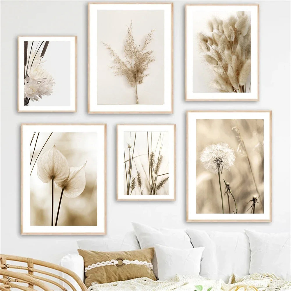 minimalist beige canvas with reed grass and flowers nordic style