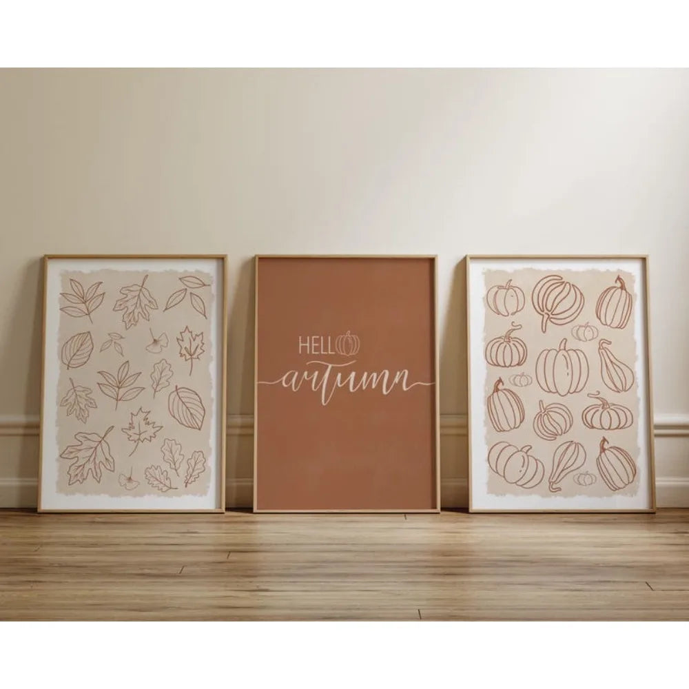 Minimalist Pumpkin "Hello Autumn" Line Print - Set Of 3