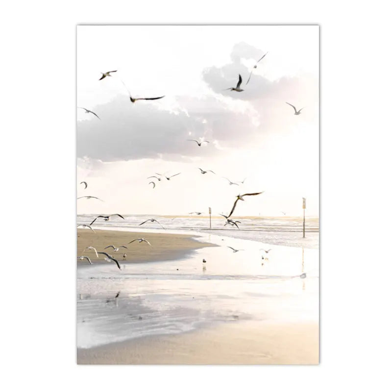 beige coastal canvas with seagull swan dandelion and reeds