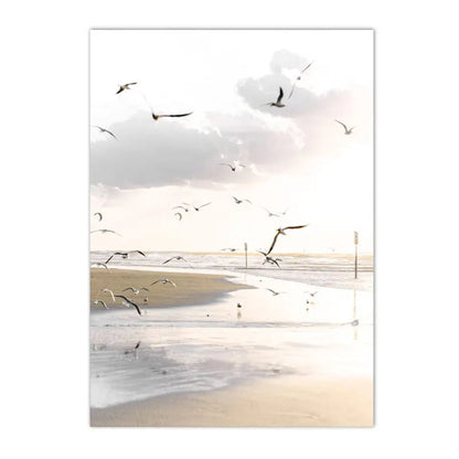 beige coastal canvas with seagull swan dandelion and reeds