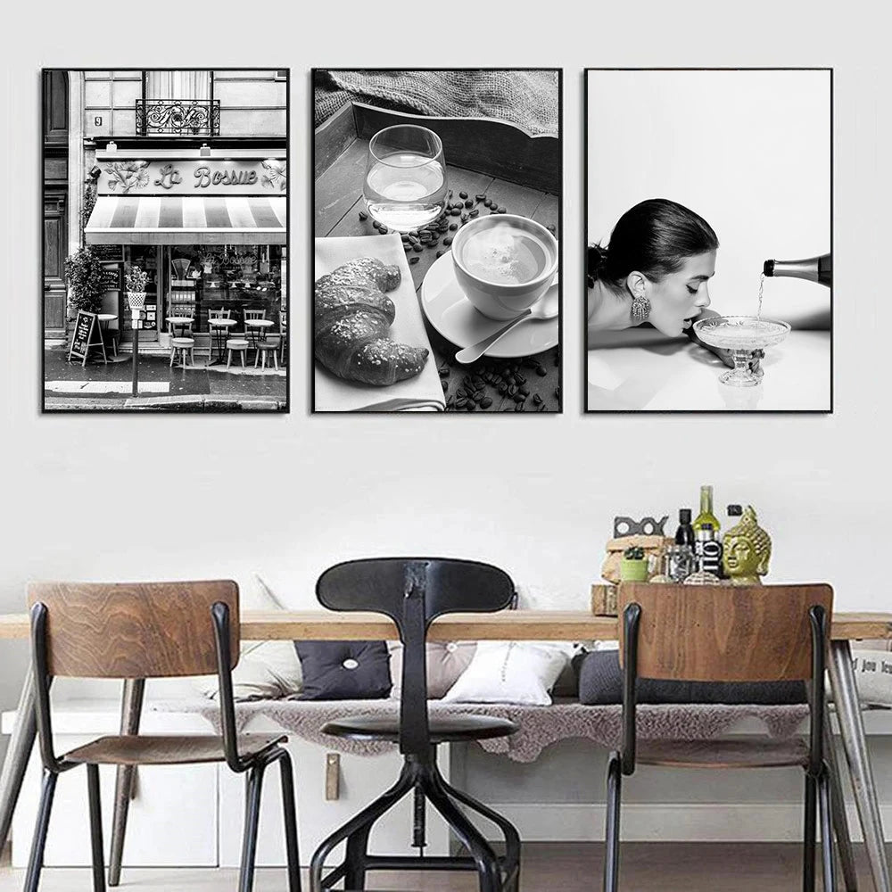 black and white fashion woman holding drink canvas wall art