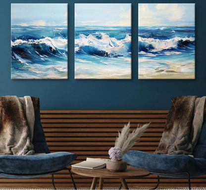 Scandinavian Blue Ocean Abstract Canvas - Set Of 3