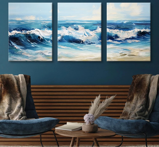 Scandinavian Blue Ocean Abstract Canvas - Set Of 3