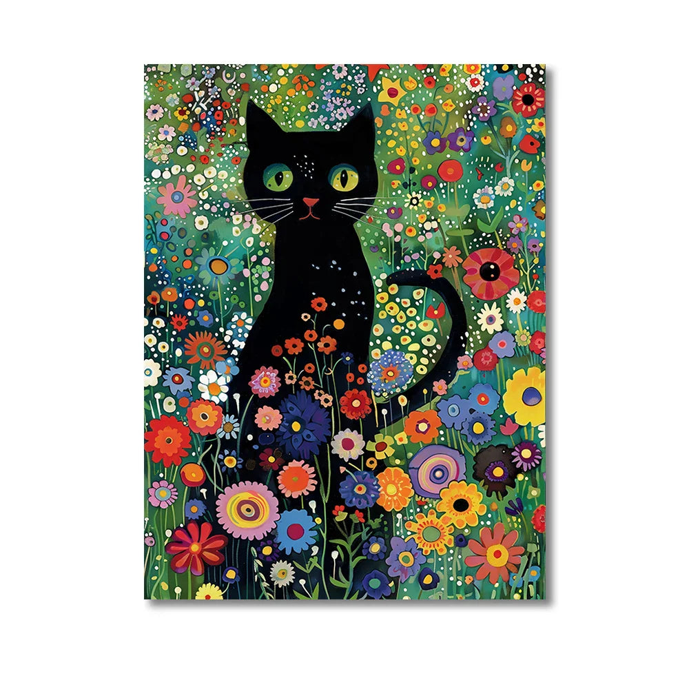 Black Cat in Flowers Canvas Print