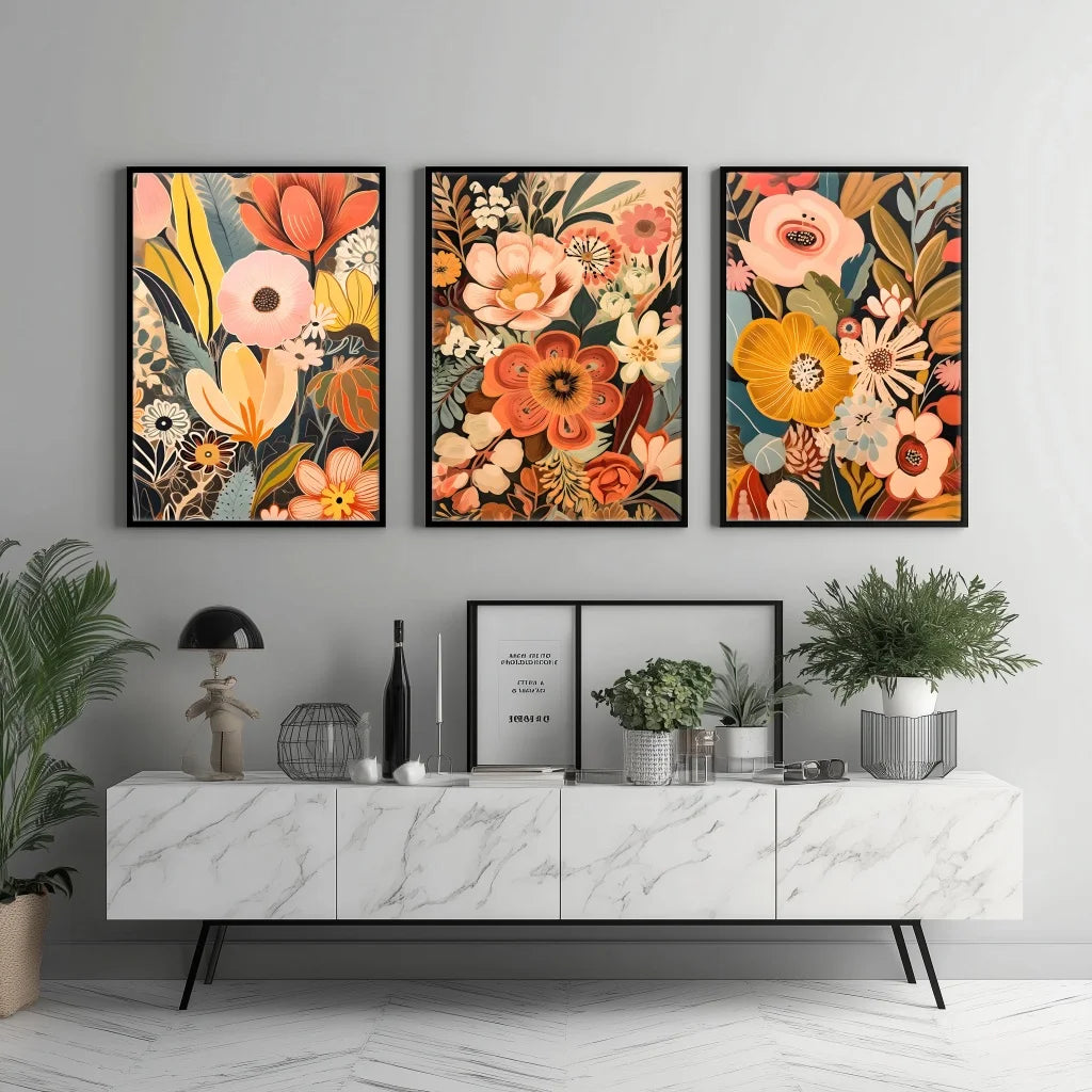 art deco floral three piece coordinated canvas set