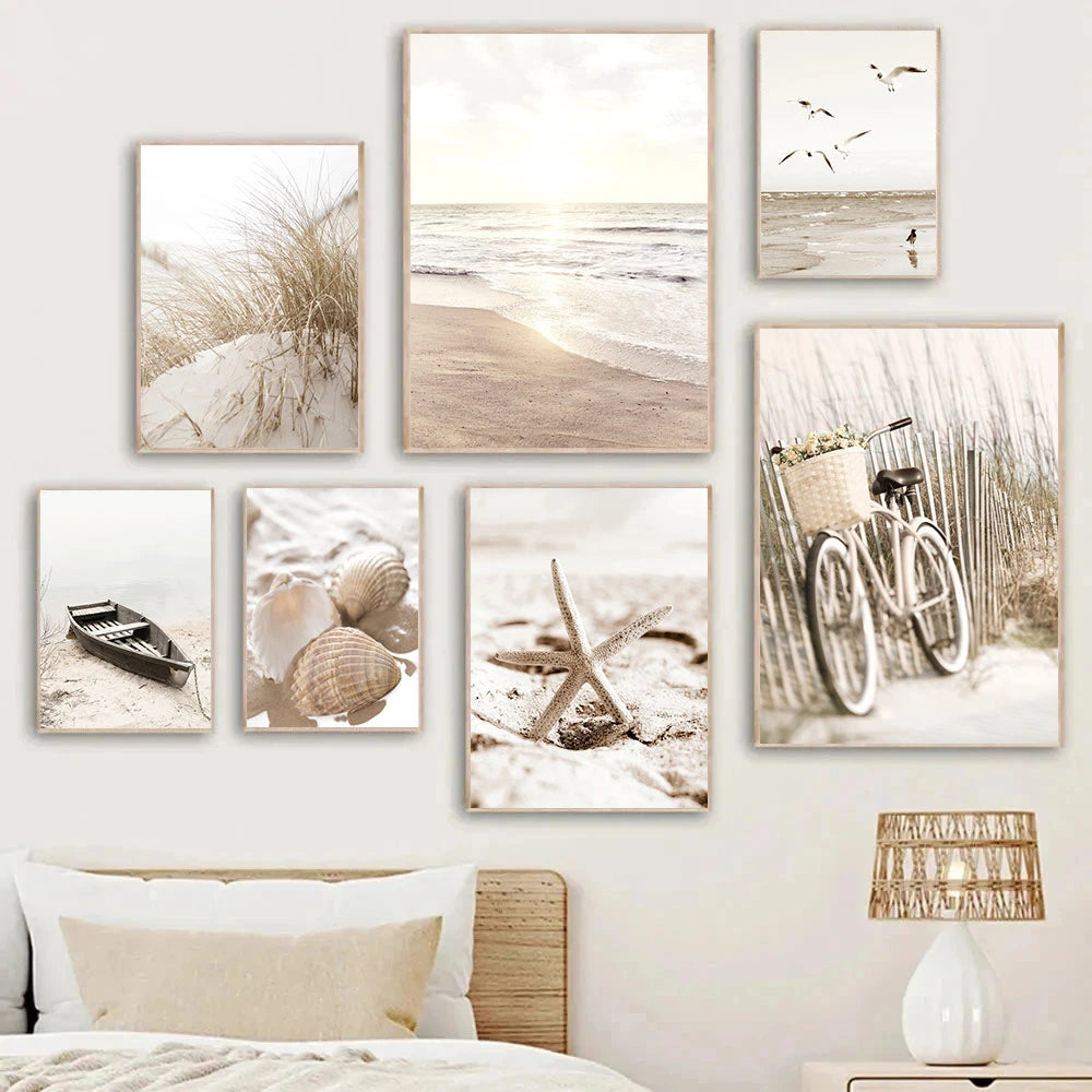 beige coastal collage with starfish shells boat bike and horse