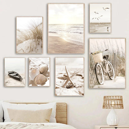 beige coastal collage with starfish shells boat bike and horse