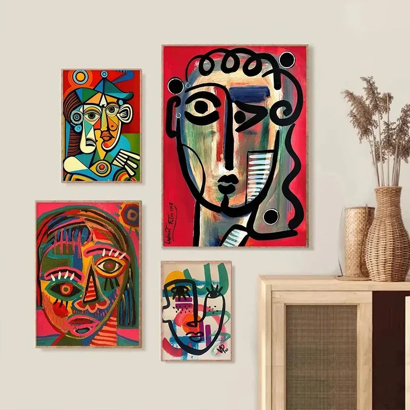 Geometric mosaic human face abstract canvas wall art